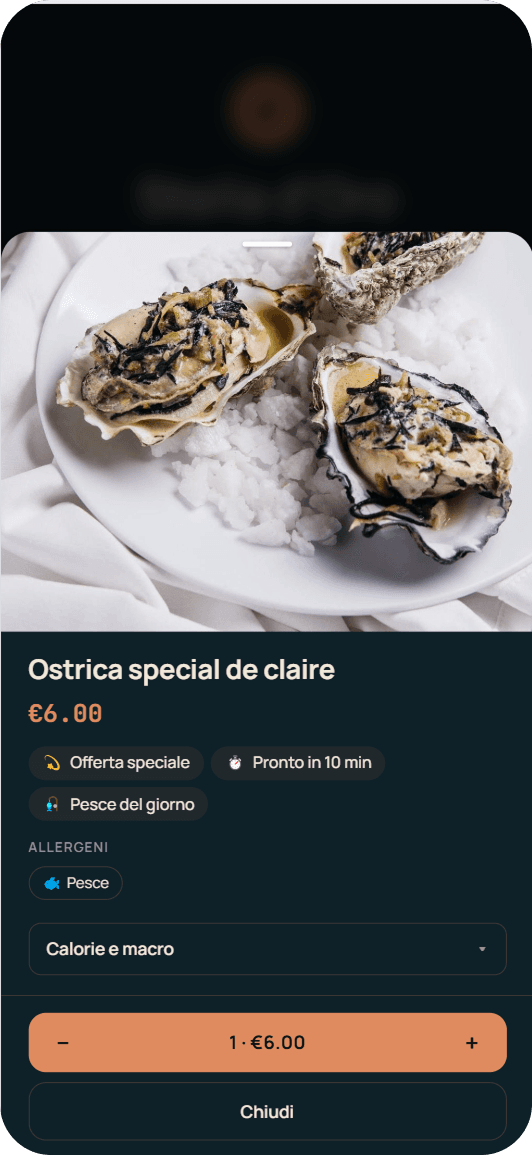 Scheda di un piatto nel menu Stello con allergene pesce visibile